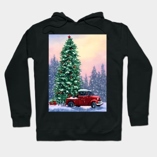 Snowing Christmas Tree Farm Santa Christmas Truck Heading to the Village Hoodie